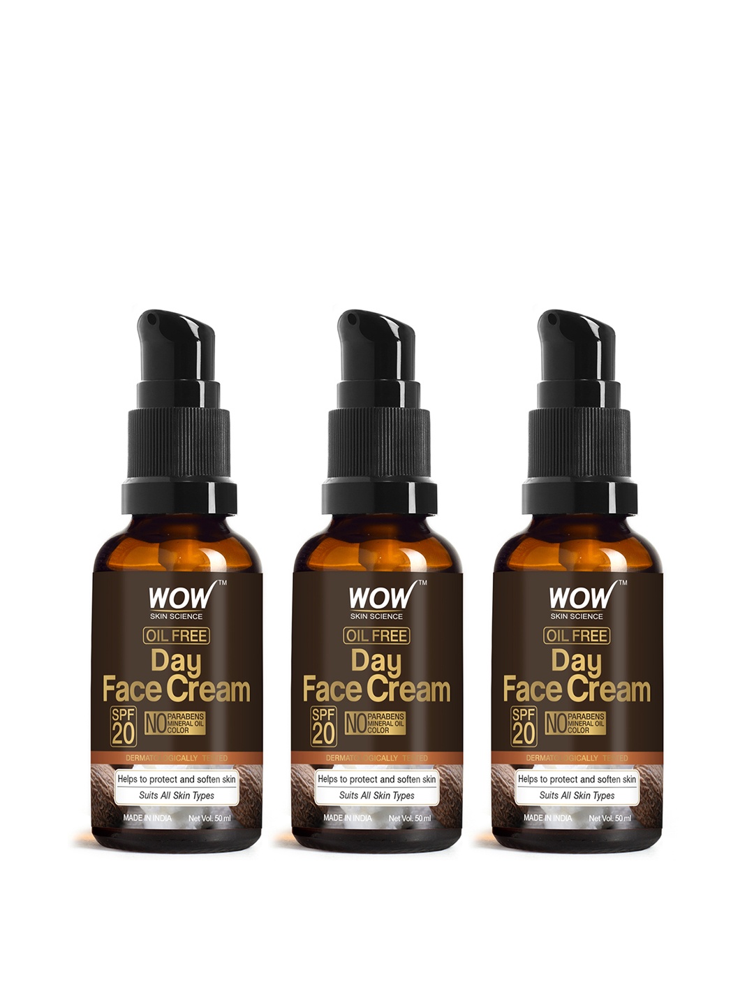 

WOW SKIN SCIENCE 3Pcs Oil Free SPF 20 Day Face Cream To Protect & Soften Skin- 50ml Each, Brown