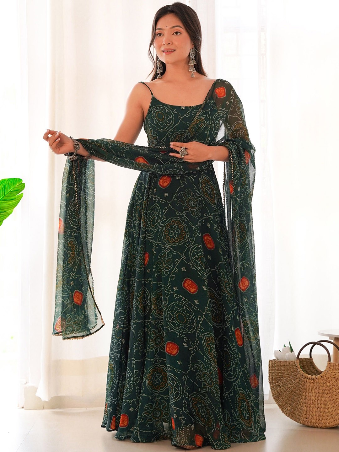 

KALINI Bandhani Printed Silk Chiffon Sleeveless Anarkali Kurta With Trousers & Dupatta, Green