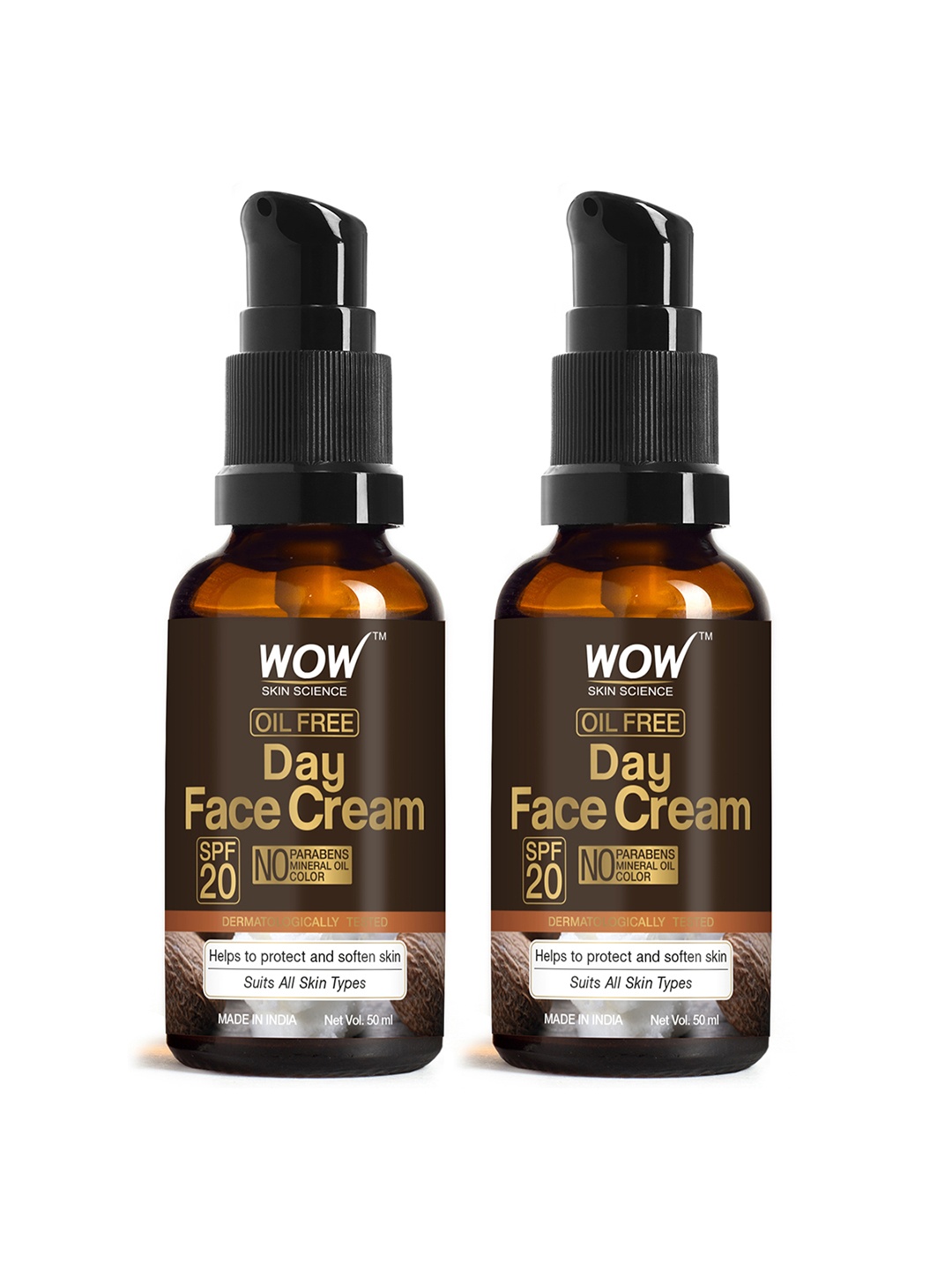 

WOW SKIN SCIENCE 2Pcs Oil Free SPF 20 Day Face Cream To Protect & Soften Skin- 50ml Each, Brown