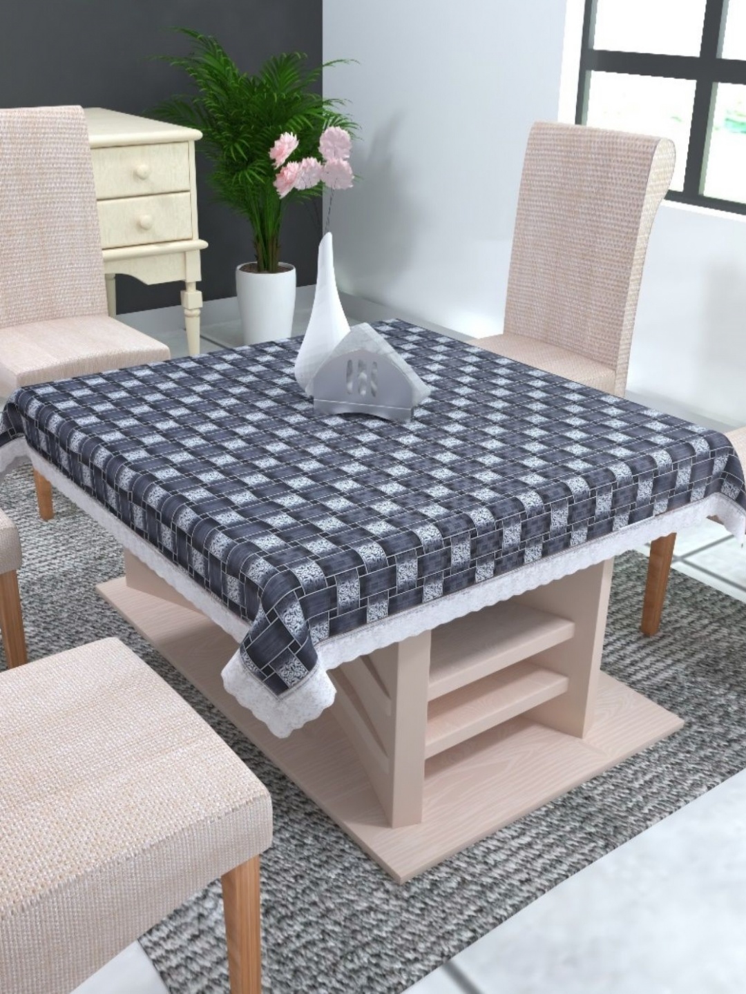 

MONKDECOR Grey Geometric Printed 4-Seater Table Cover