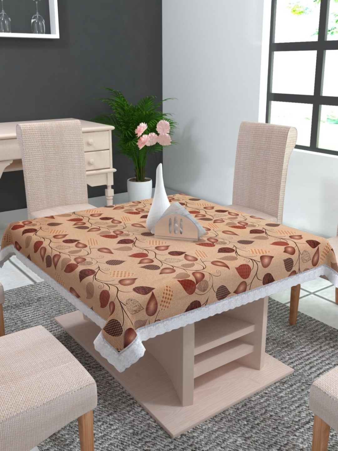 

MONKDECOR Peach-Coloured Floral 4-Seater Table Cover