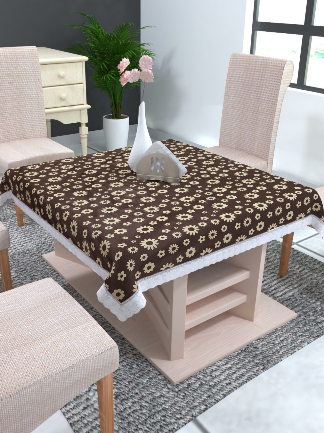 

MONKDECOR Brown Floral Waterproof 4-Seater Table Cover