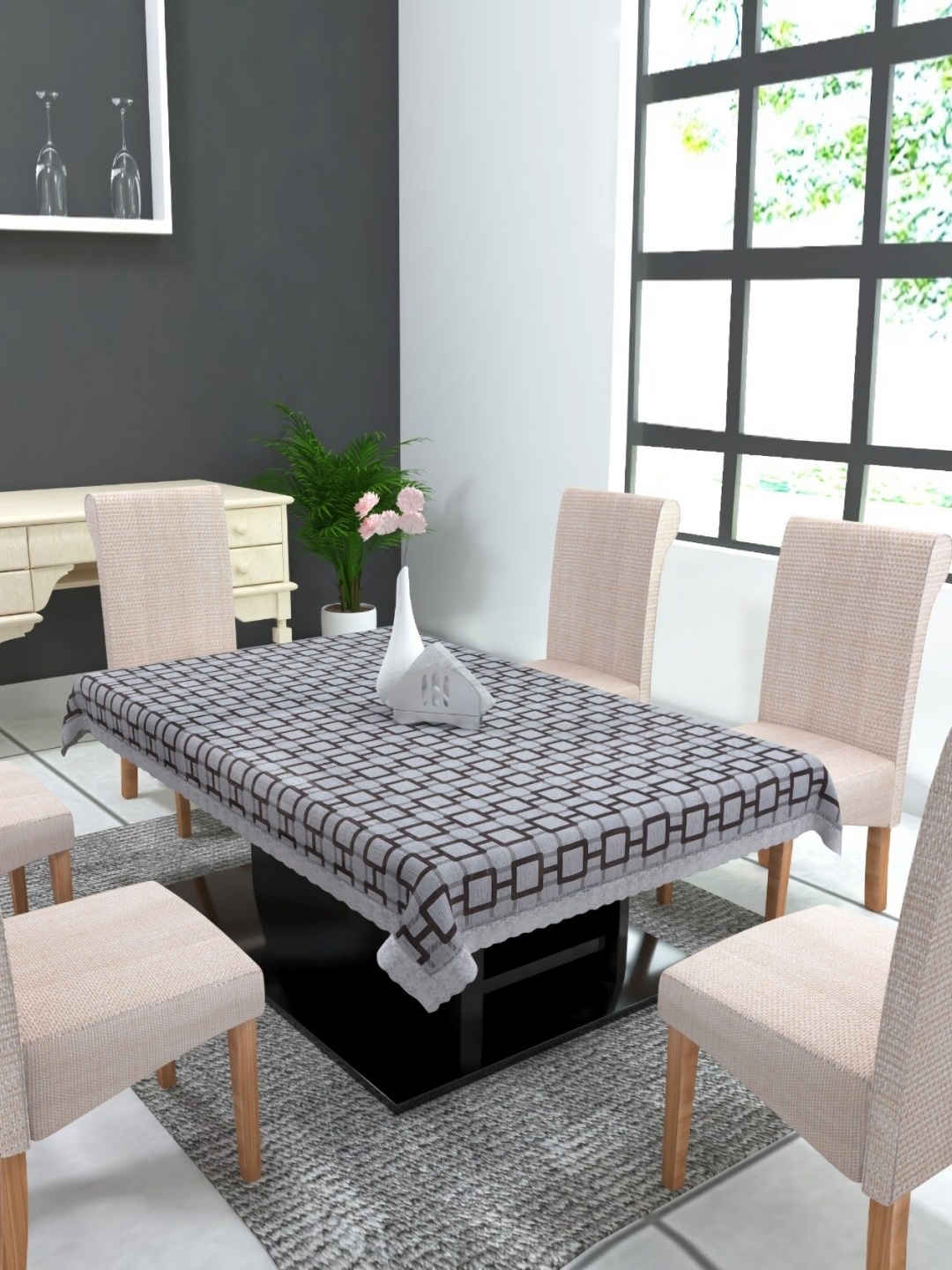

MONKDECOR Grey Geometric Printed 4-Seater Table Cover