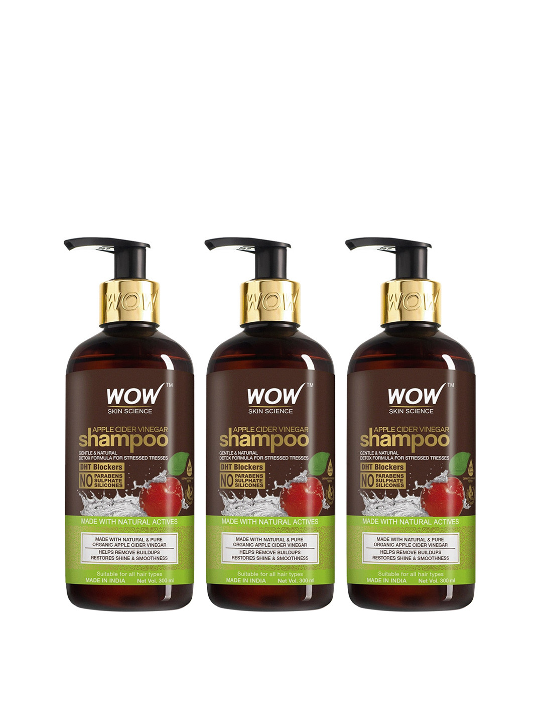 

WOW SKIN SCIENCE Set Of 3 Apple Cider Vinegar Shampoo To Restore Shine - 300ml Each, Brown