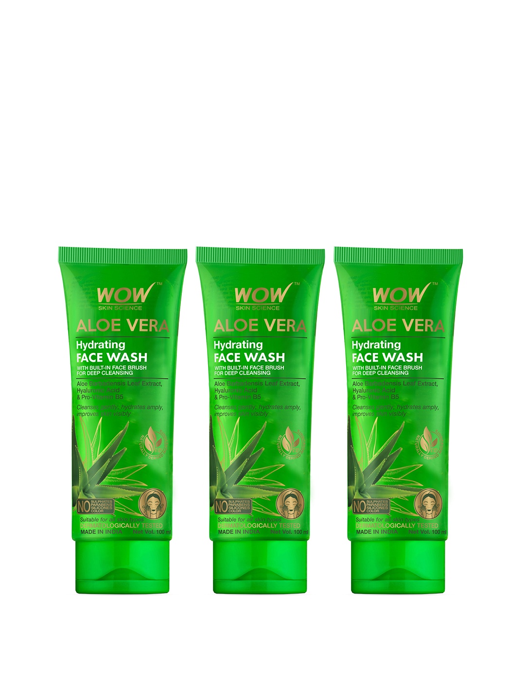 

WOW SKIN SCIENCE Set Of 3 Aloe Vera Hydrating Face Wash - 100ml Each, Green
