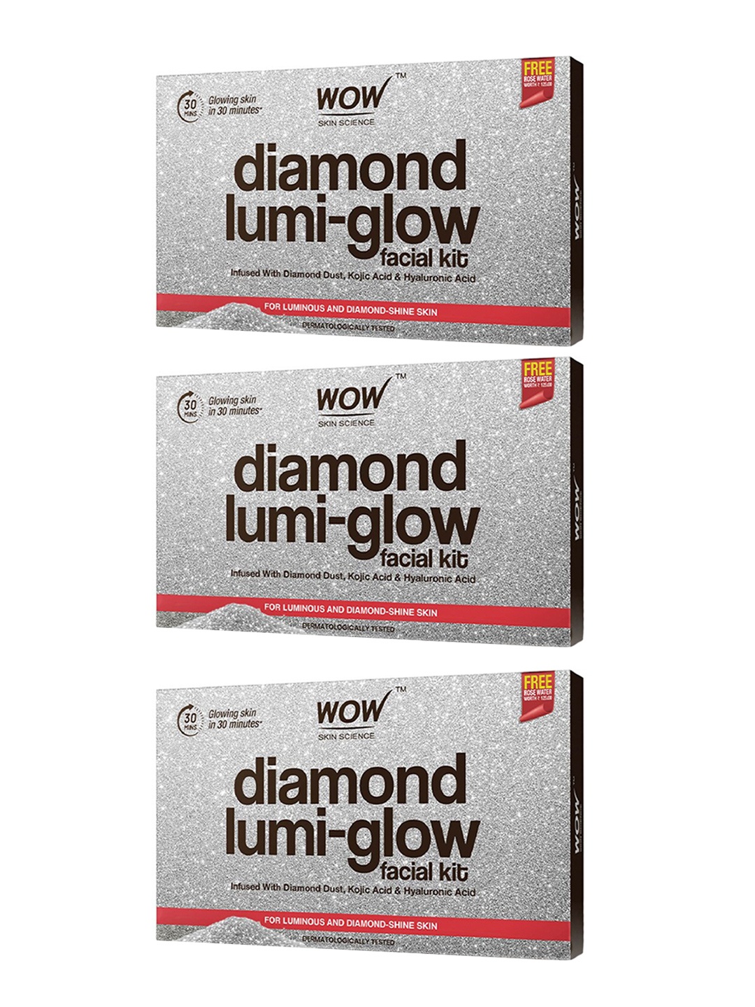 

WOW SKIN SCIENCE Set of 3 Diamond Lumi-Glow Facial Kit with Kojic Acid - 85 ml each, Brown