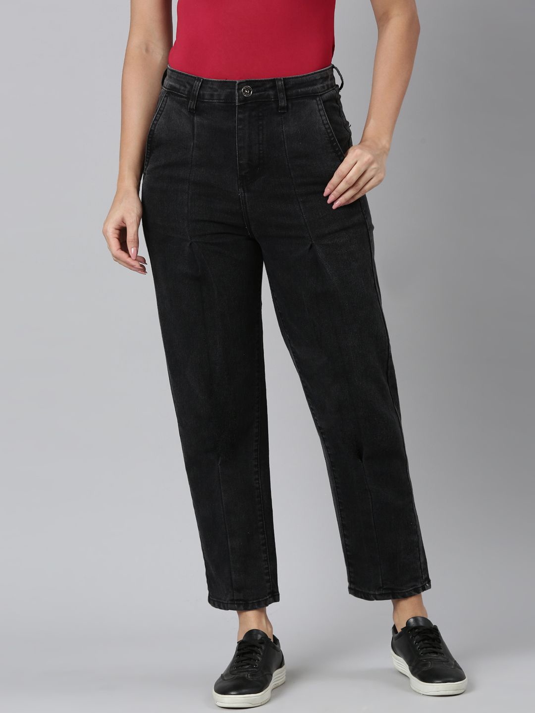 

ZHEIA Women Relaxed Fit High-Rise Cropped Stretchable Jeans, Black