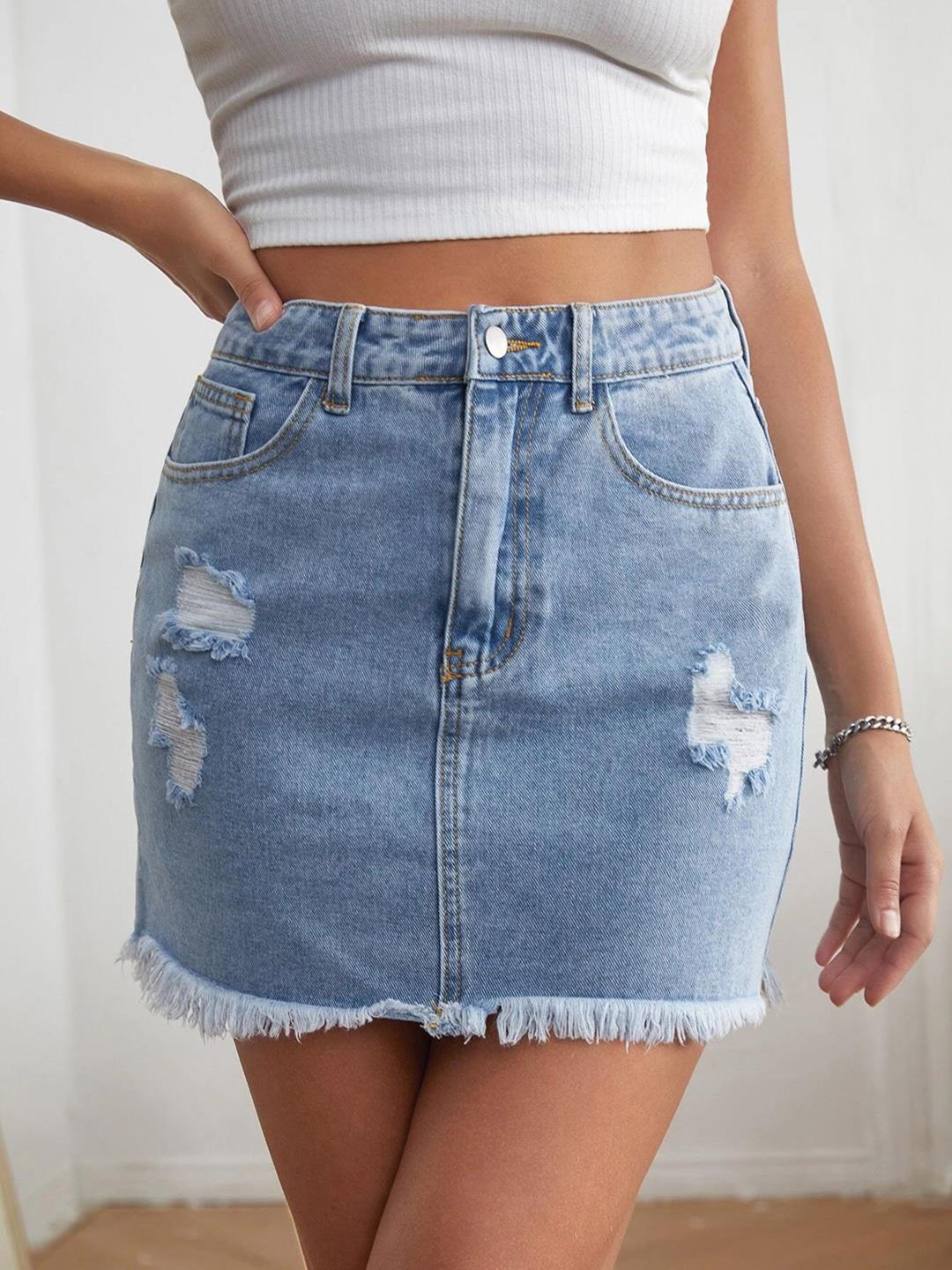 

Kotty Denim Fringed Straight Skirt, Blue