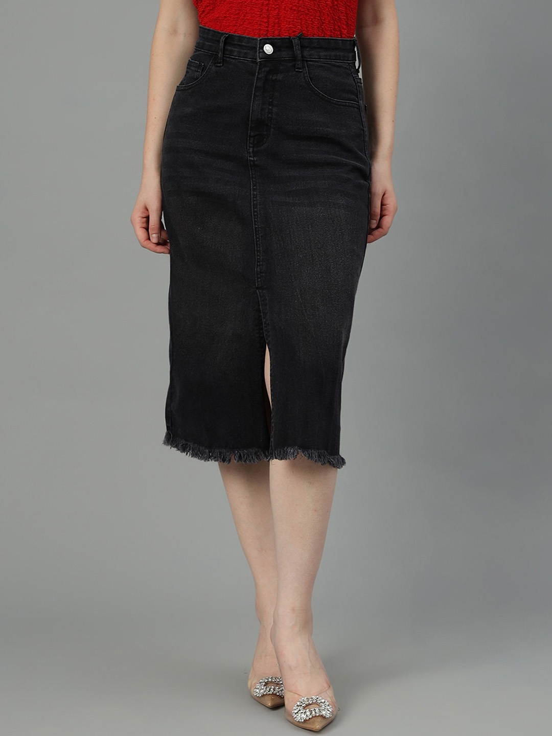 

Kotty Cotton Straight Midi Skirt, Black