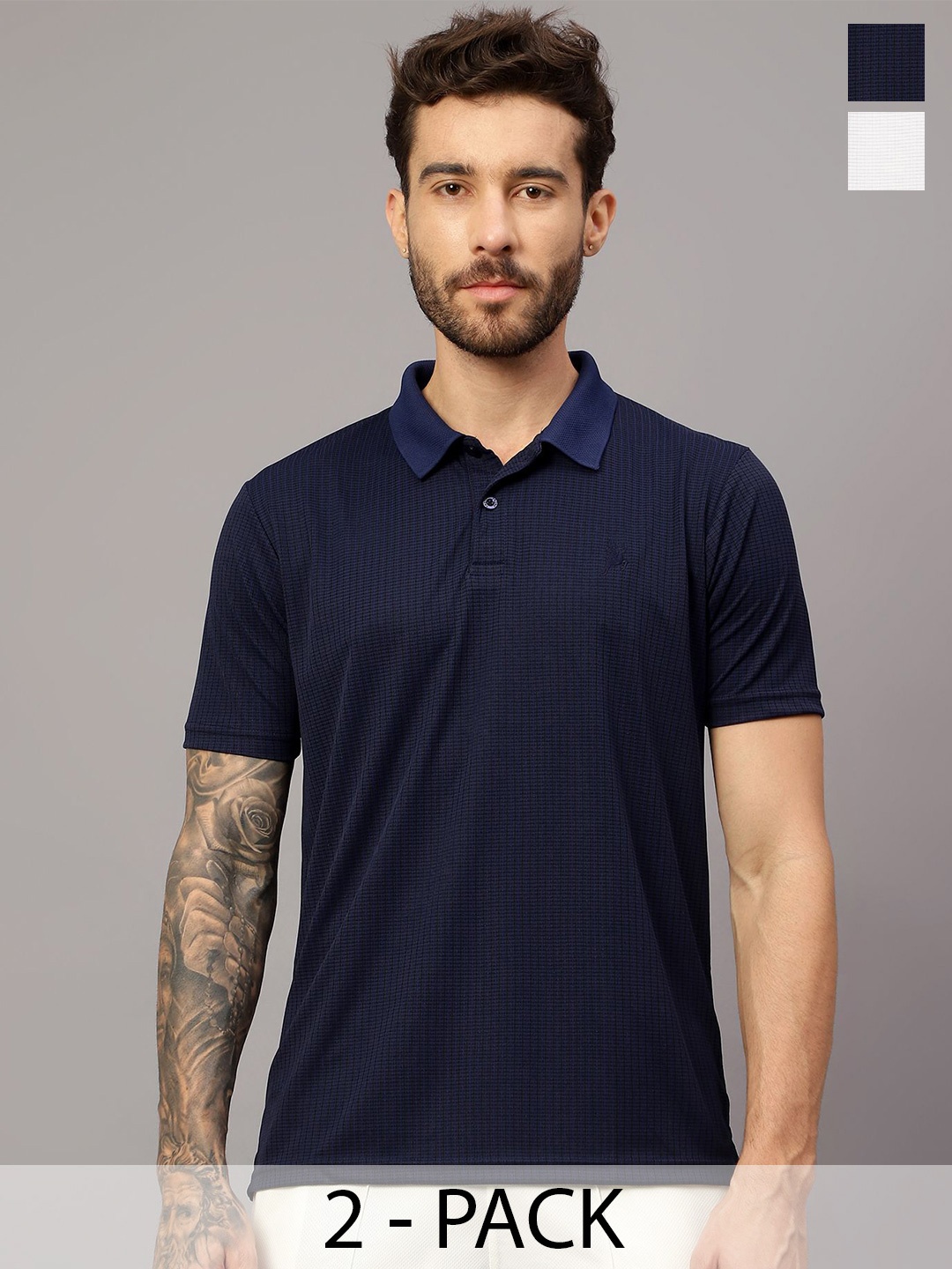 

Trenz Pack Of 2 Self Design Polo Collar T-shirts, Navy blue