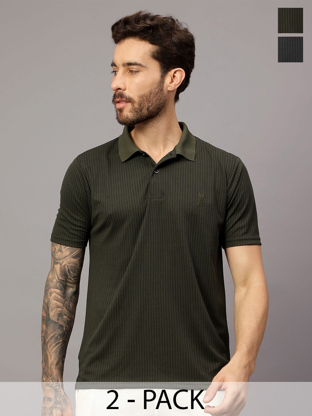 

Trenz Pack Of 2 Self Design Polo Collar T-shirts, Green