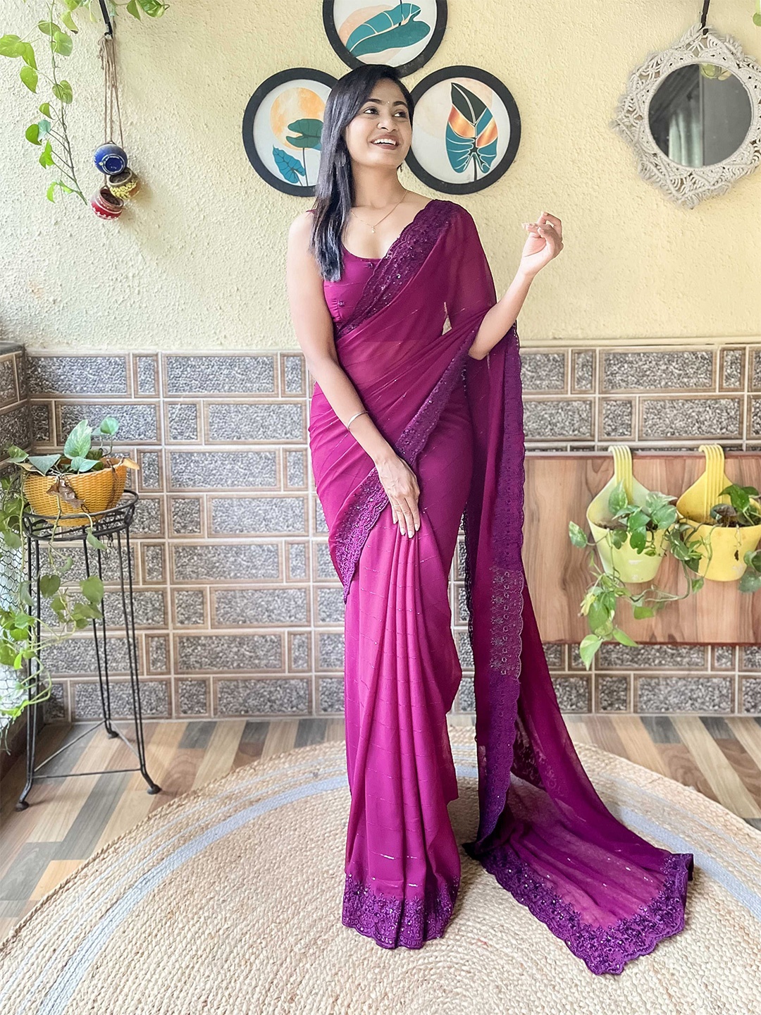 

Mitera Floral embroidered Sequinned Saree, Purple