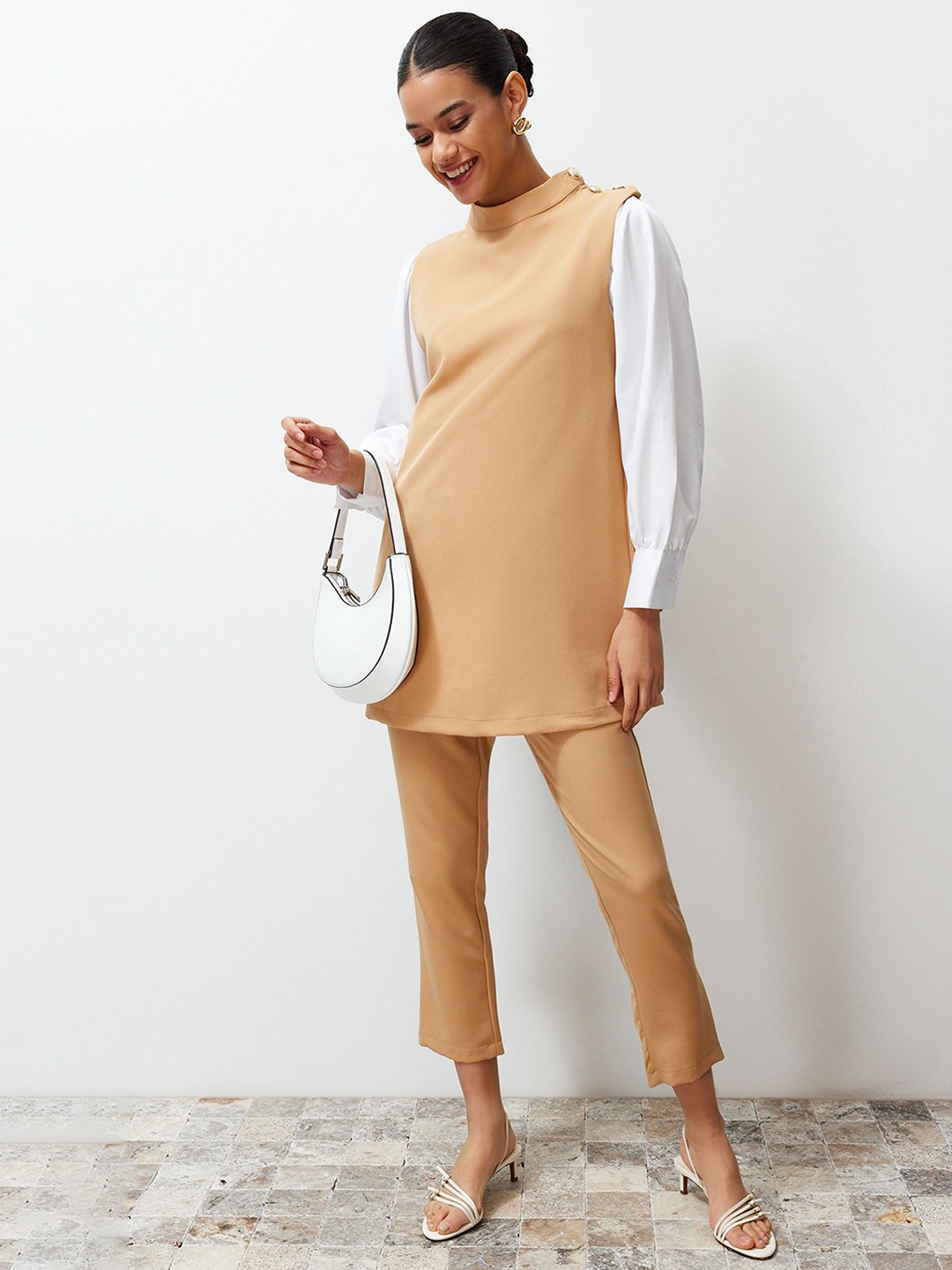 

Trendyol High Neck Top With Trousers Co-Ords, Beige