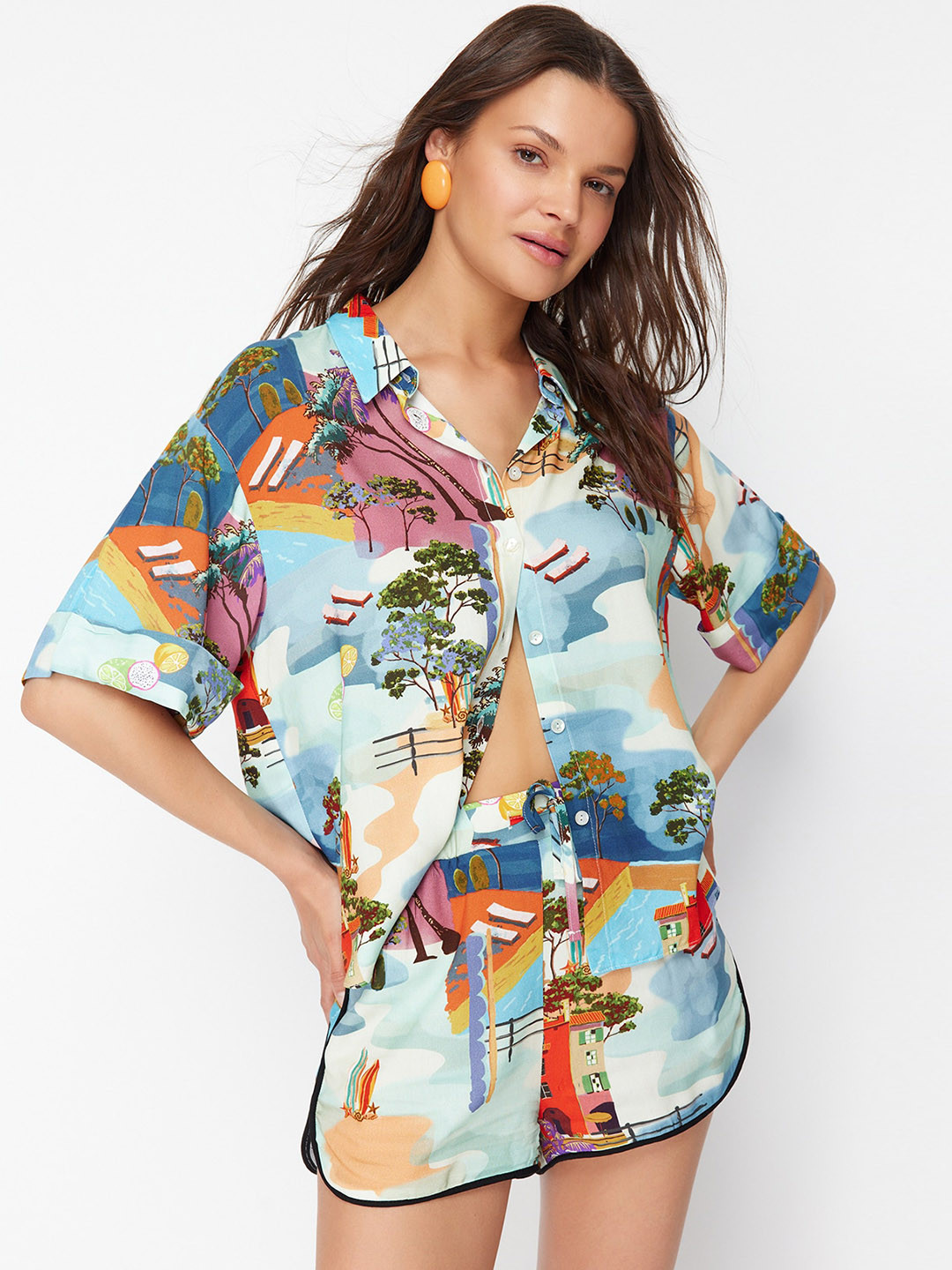 

Trendyol Conversational Printed Shirt & Shorts, Blue