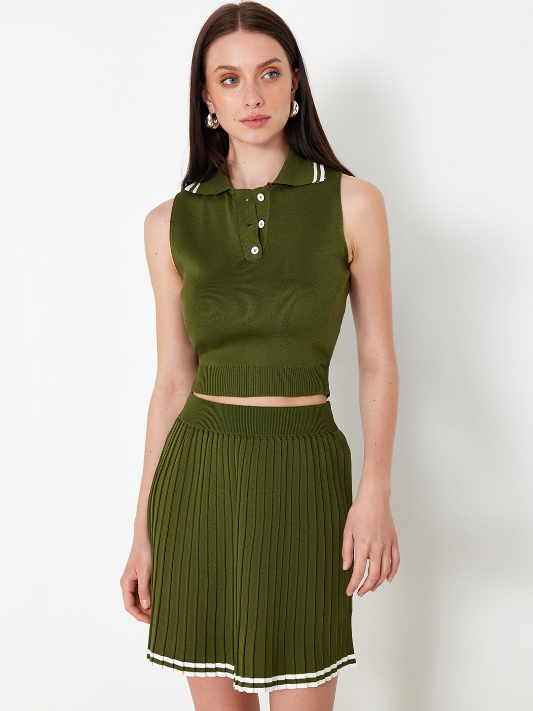 

Trendyol Shirt Collar Sleeveless Top With Skirt, Green