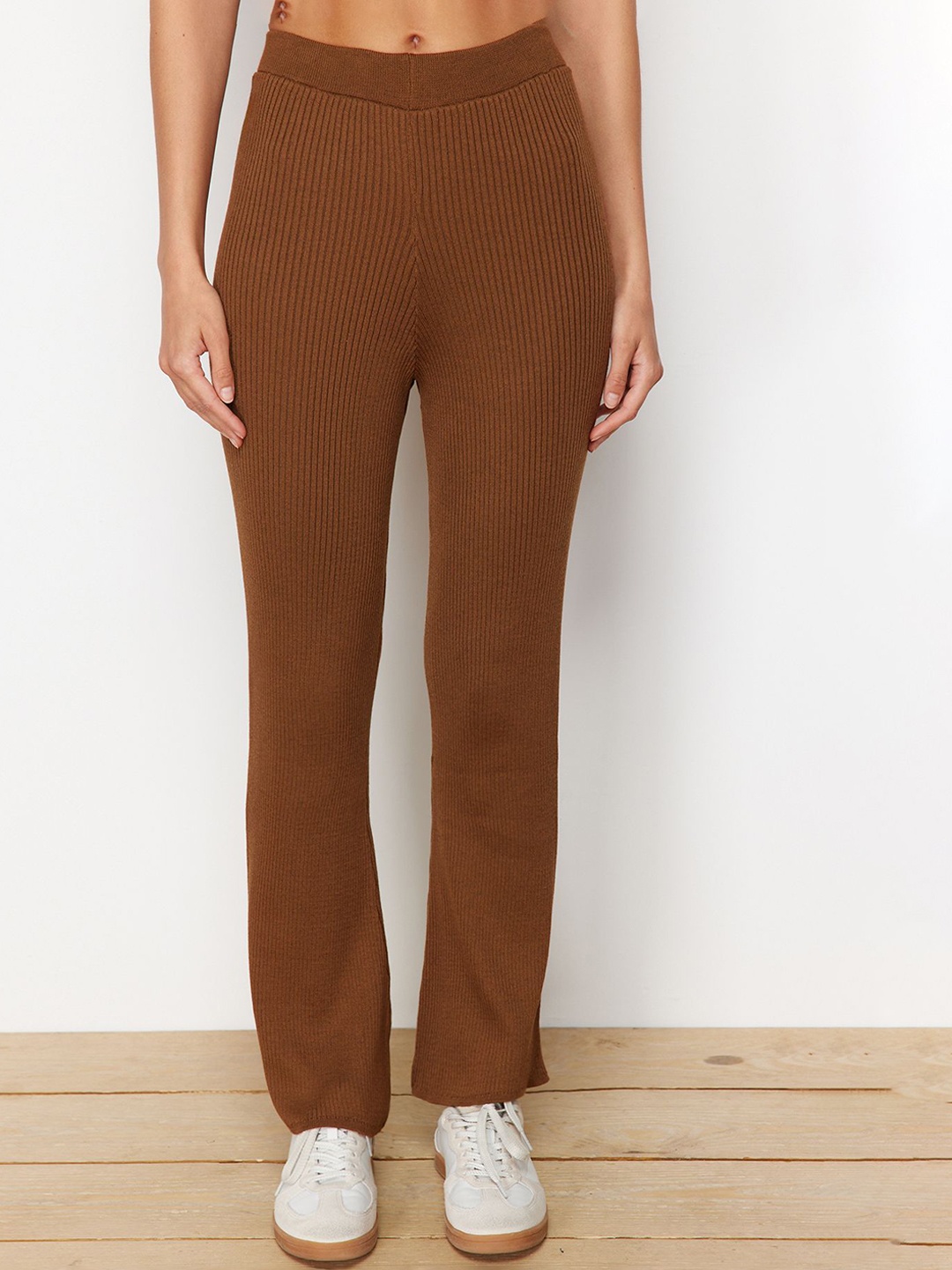 

Trendyol Ribbed Striped Shirt Collar Tunic & Trousers with Belt Co-Ords, Brown