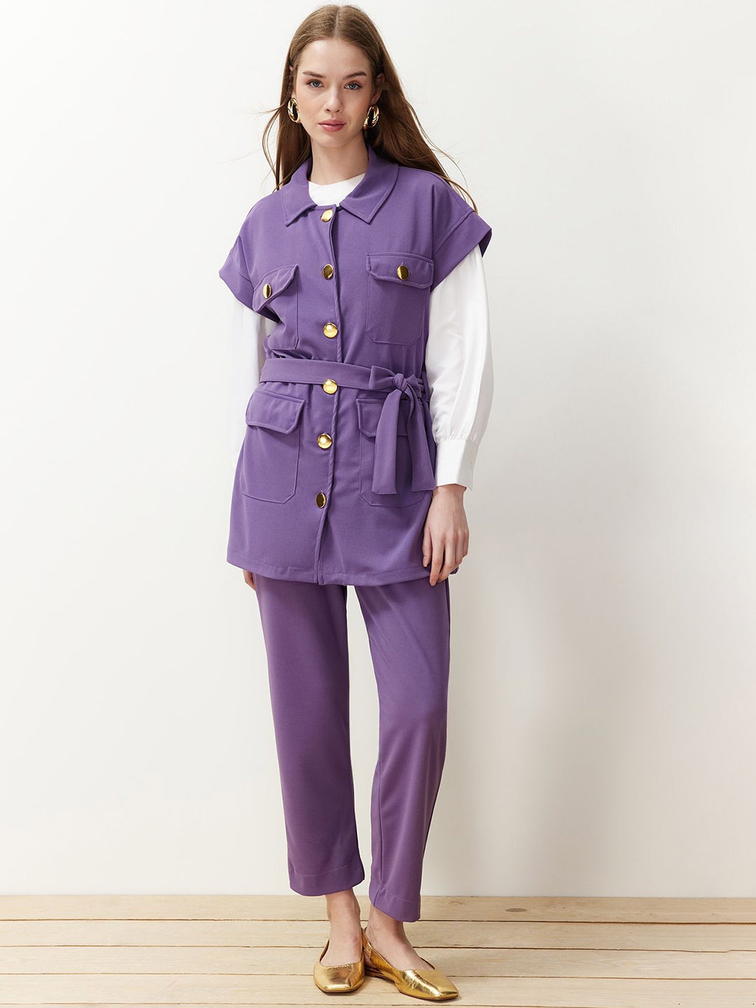 

Trendyol Shirt Collar Short Sleeves Coat With Trousers, Purple