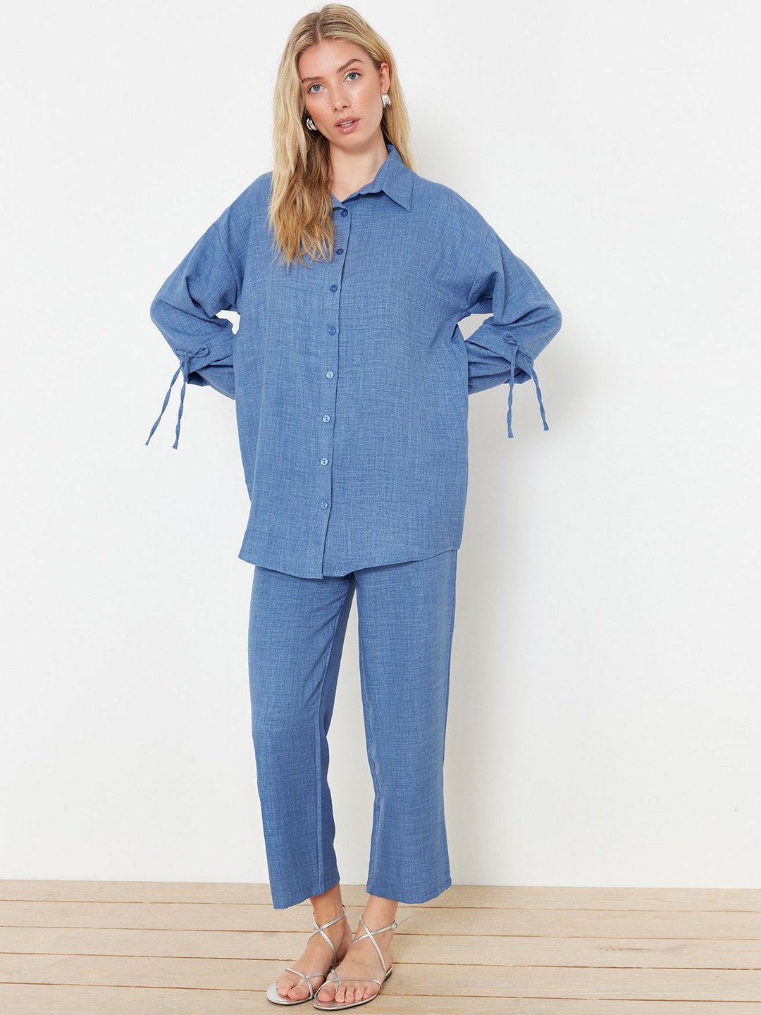 

Trendyol Long Sleeves Shirt With Trousers, Blue