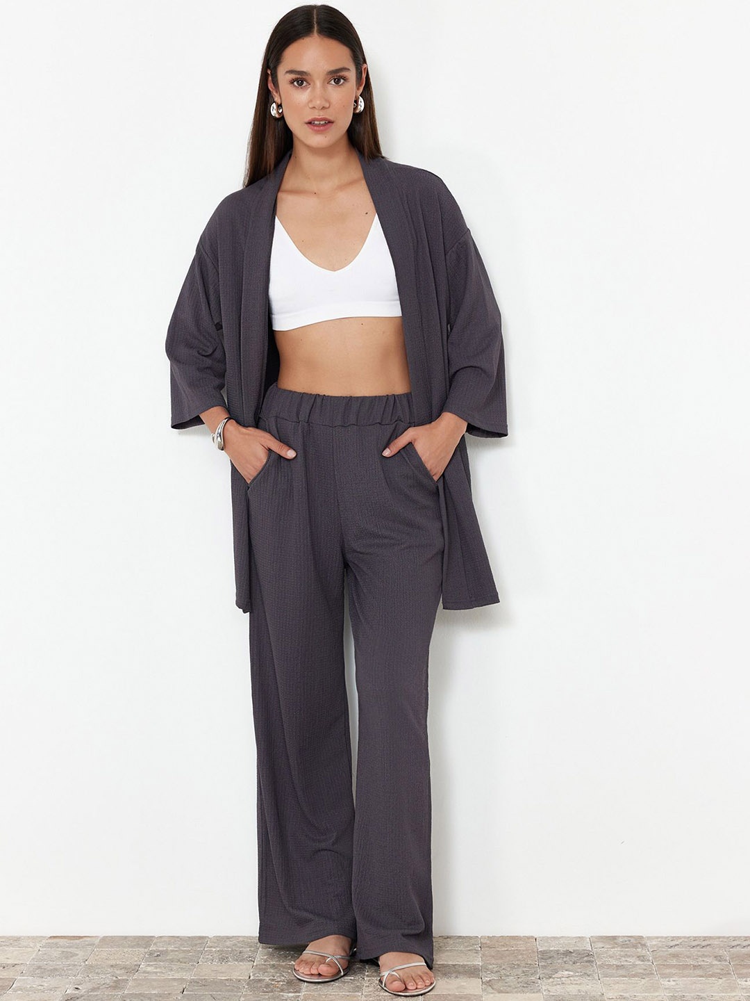 

Trendyol Long Sleeves Coat & Trousers Co-Ords Set, Grey