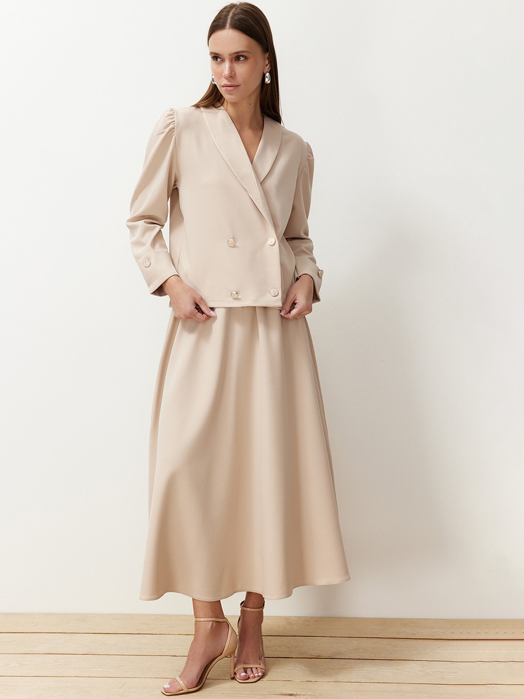

Trendyol Double-Breasted Blazer & Midi Skirt Co-Ords Set, Beige