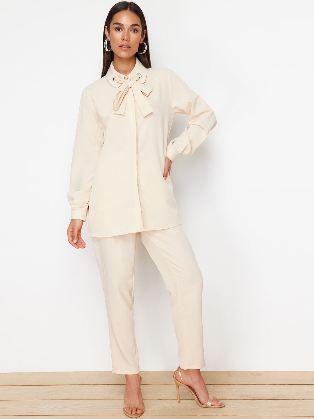 

Trendyol Long Sleeves Shirt With Trousers Co-Ords, Beige