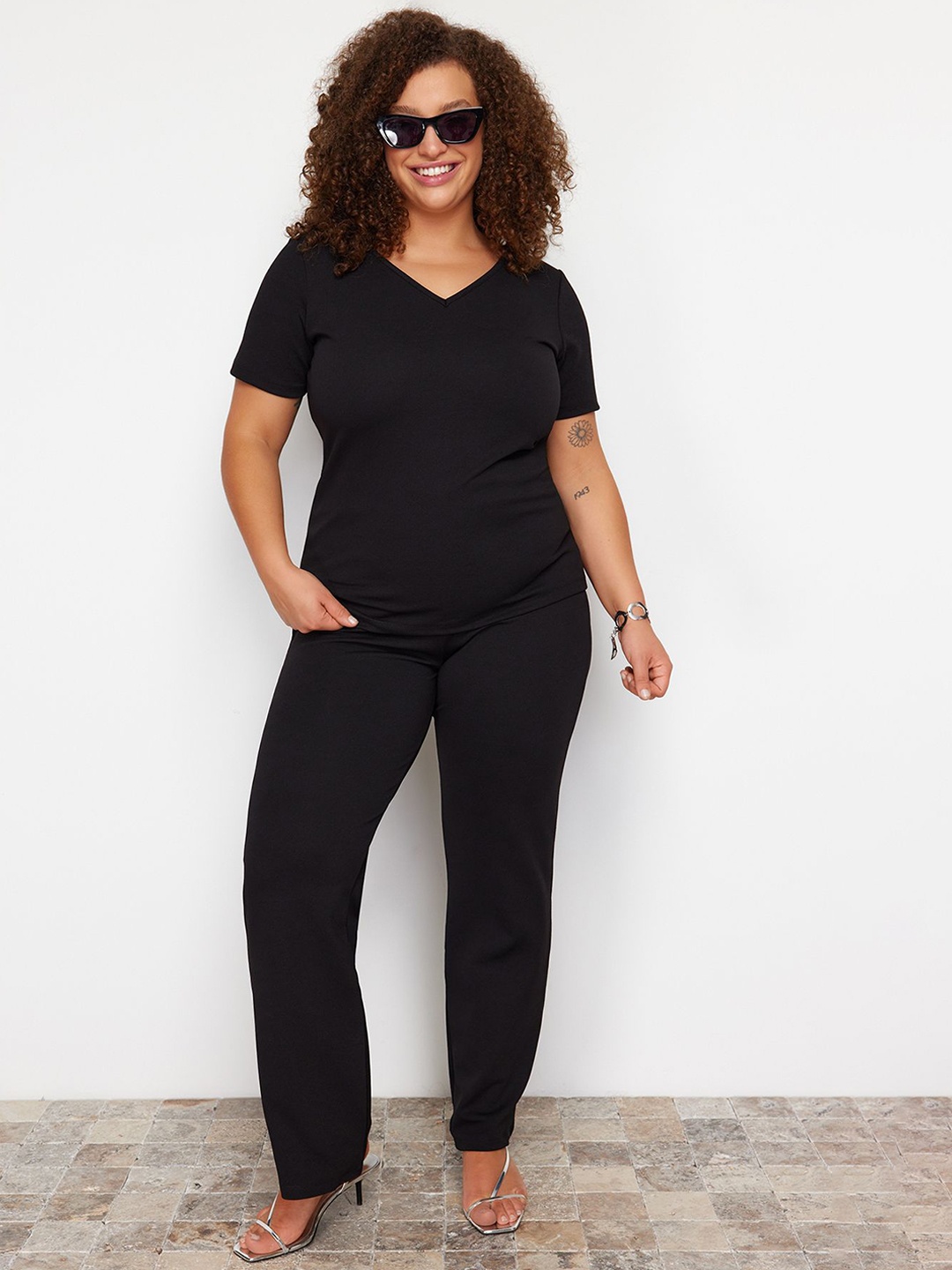 

Trendyol Plus Size V-Neck T-shirt With Trousers Co-Ords, Black