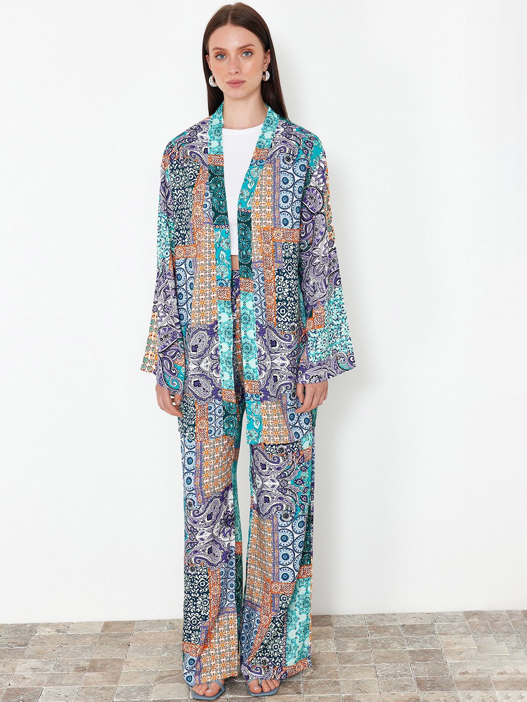 

Trendyol Printed Coat & Trousers Co-Ords Set, Blue