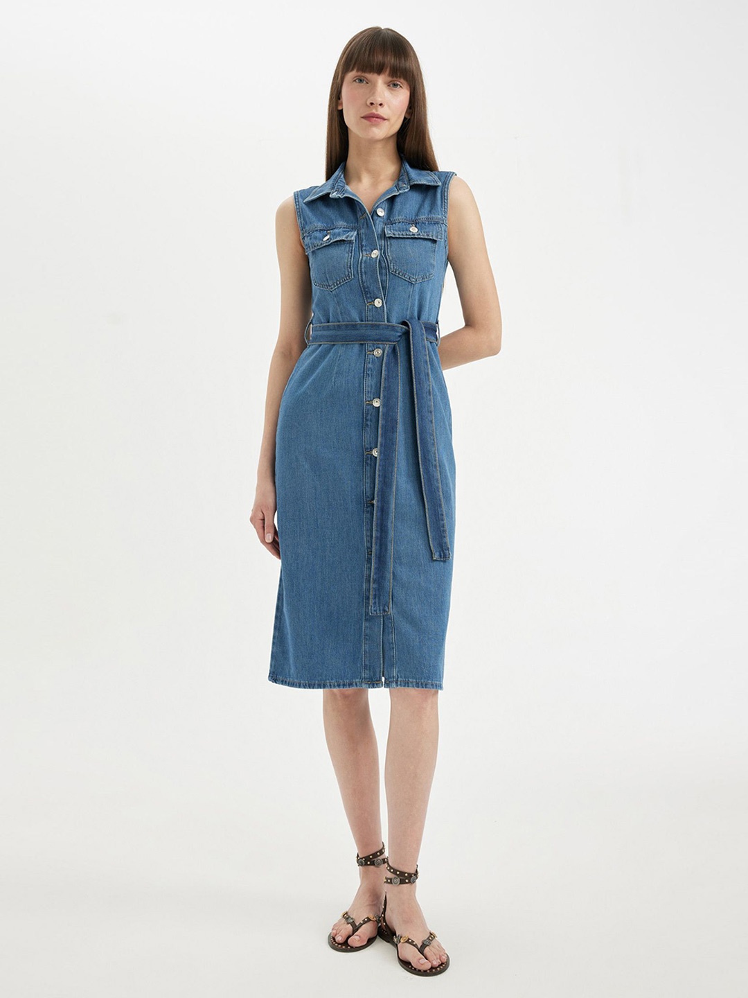 

DeFacto Shirt Collar Belted Pure Cotton Shirt Dress, Blue