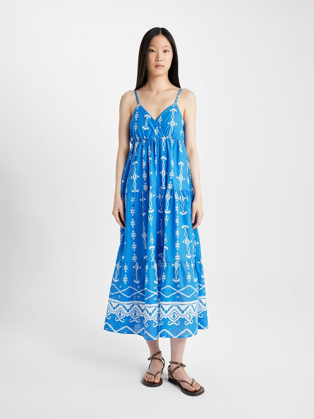 

DeFacto Ethnic Motifs Printed Shoulder Straps Pure Cotton Midi Dress, Blue