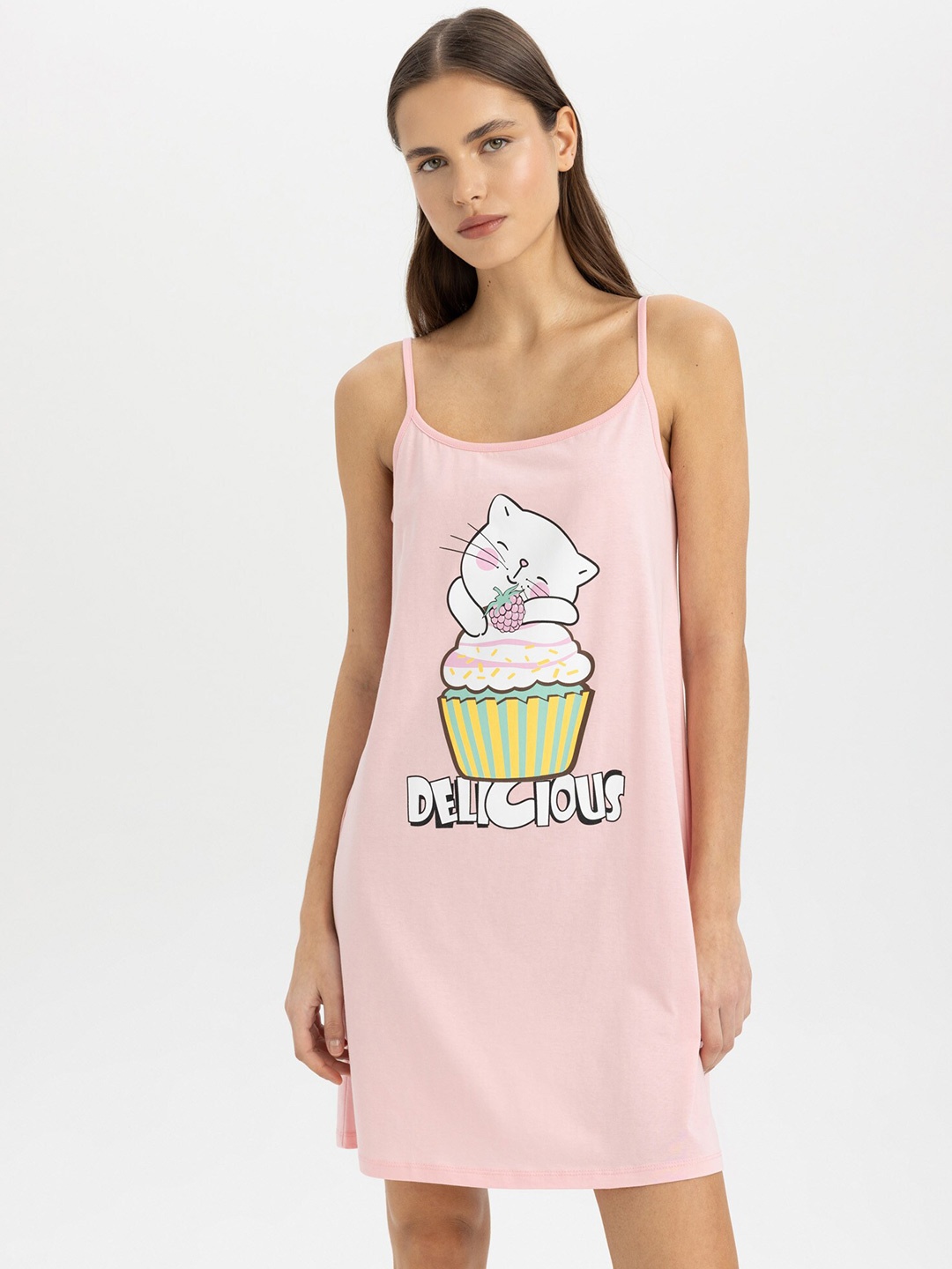 

DeFacto Graphic Printed Shoulder Strap T-shirt Dress, Pink