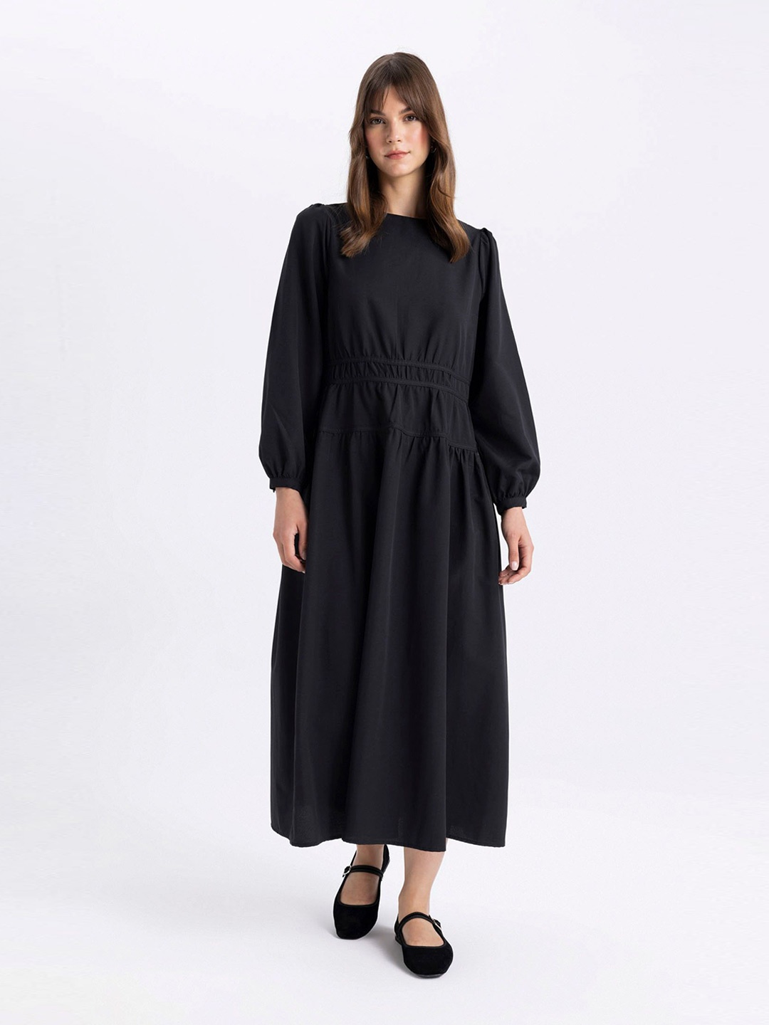 

DeFacto Puff Sleeve Fit & Flare Maxi Dress, Black