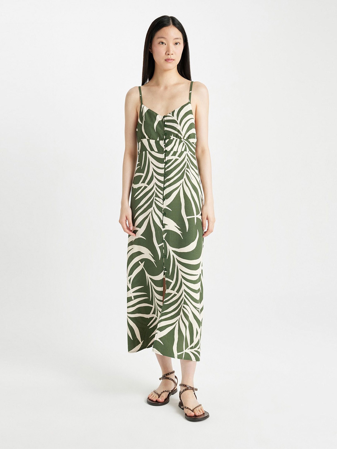 

DeFacto Tropical Print A-Line Midi Dress, Na