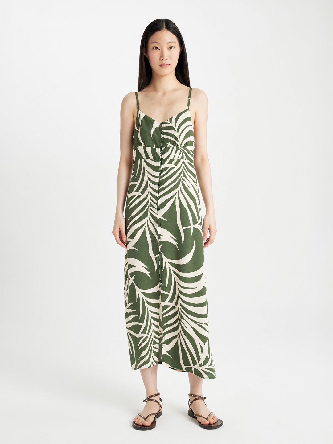 

DeFacto Tropical Print A-Line Midi Dress, Na