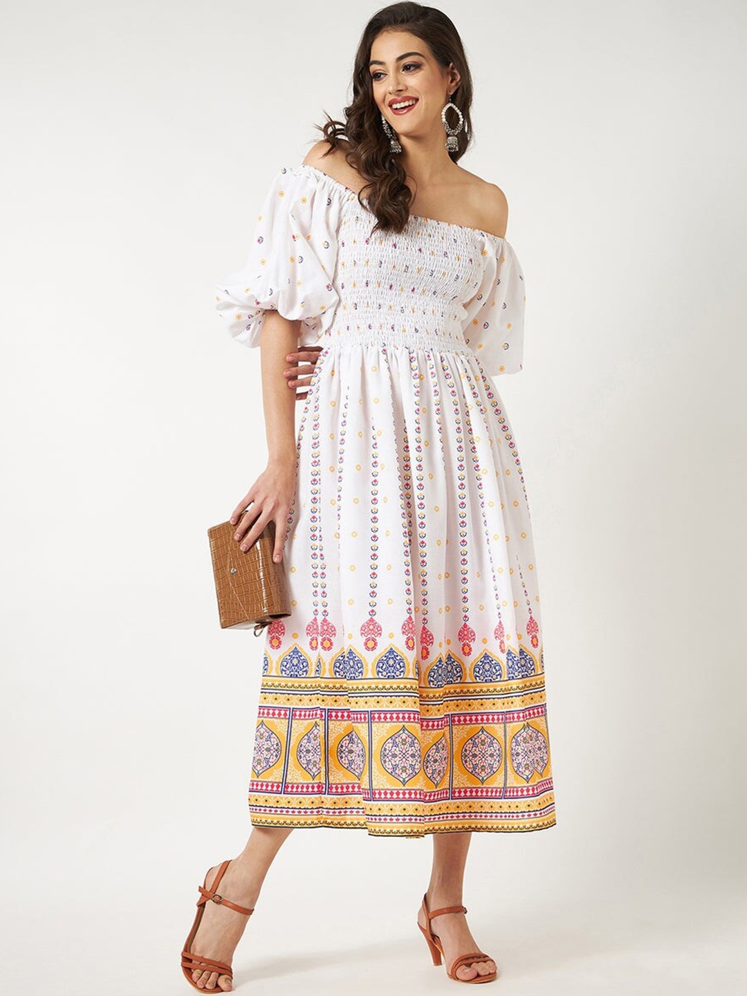 

Pannkh Ethnic Motifs Printed Off-Shoulder Fit & Flare Midi Dress, White