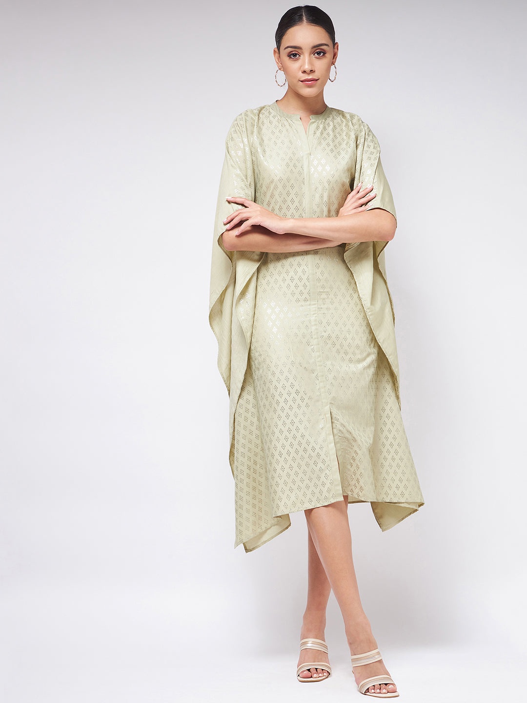 

Pannkh Ethnic Motifs Printed Kimono Sleeves Stand Collar Kaftan Dress, Green