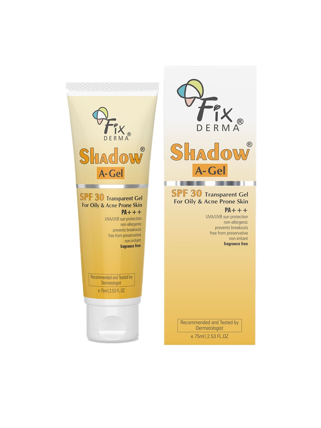 

FIXDERMA Shadow A Gel SPF 30 Body Sunscreen For Acne Prone Skin-75ml, Yellow