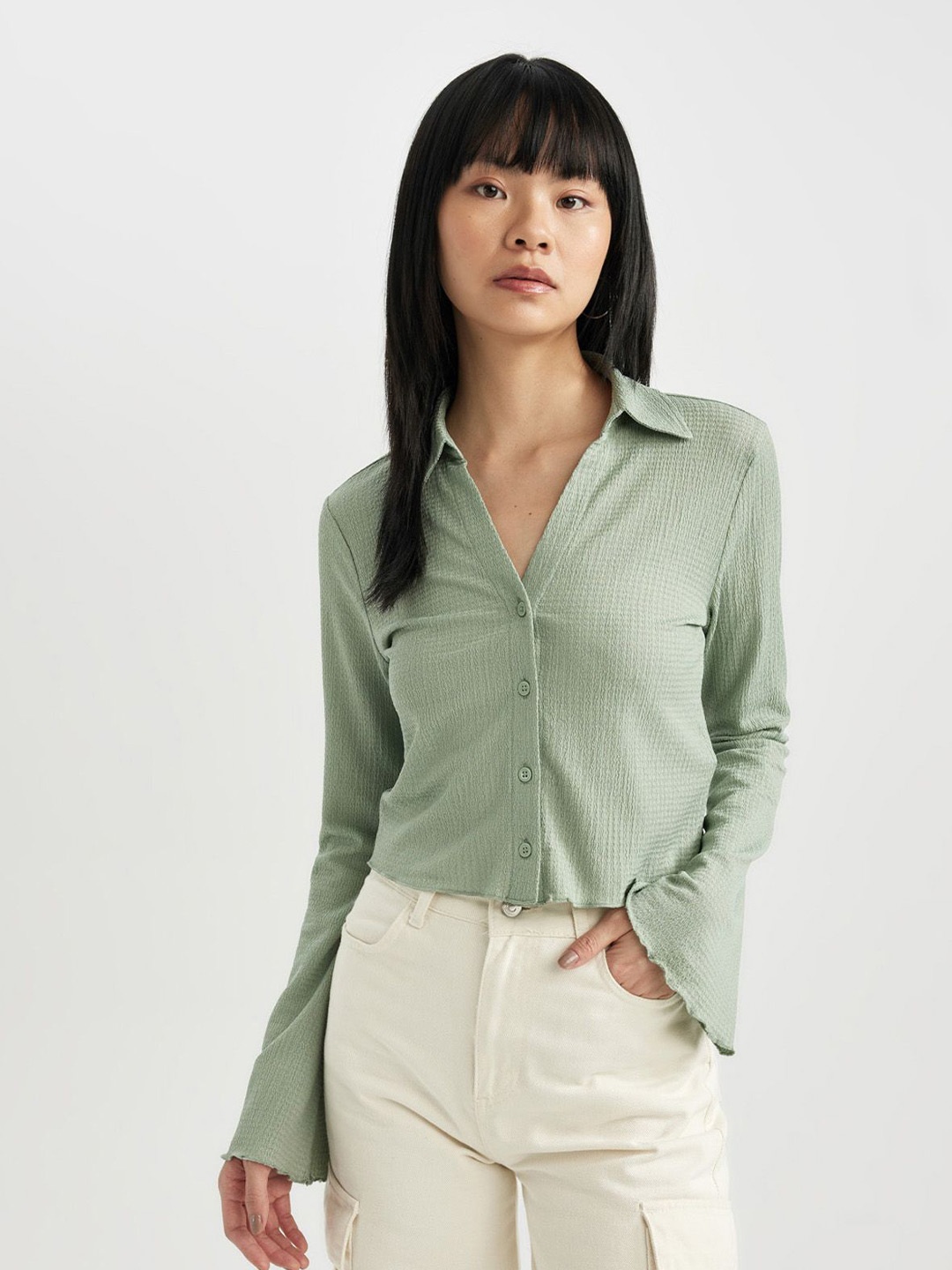 

DeFacto Spread Collar Casual Shirt, Green