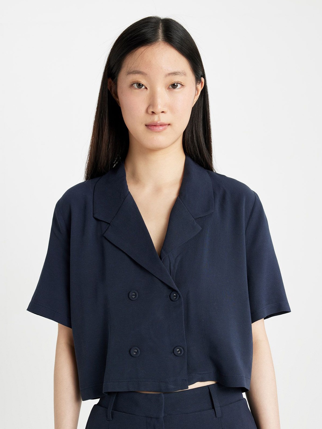 

DeFacto Cuban Collar Crop Casual Shirt, Navy blue