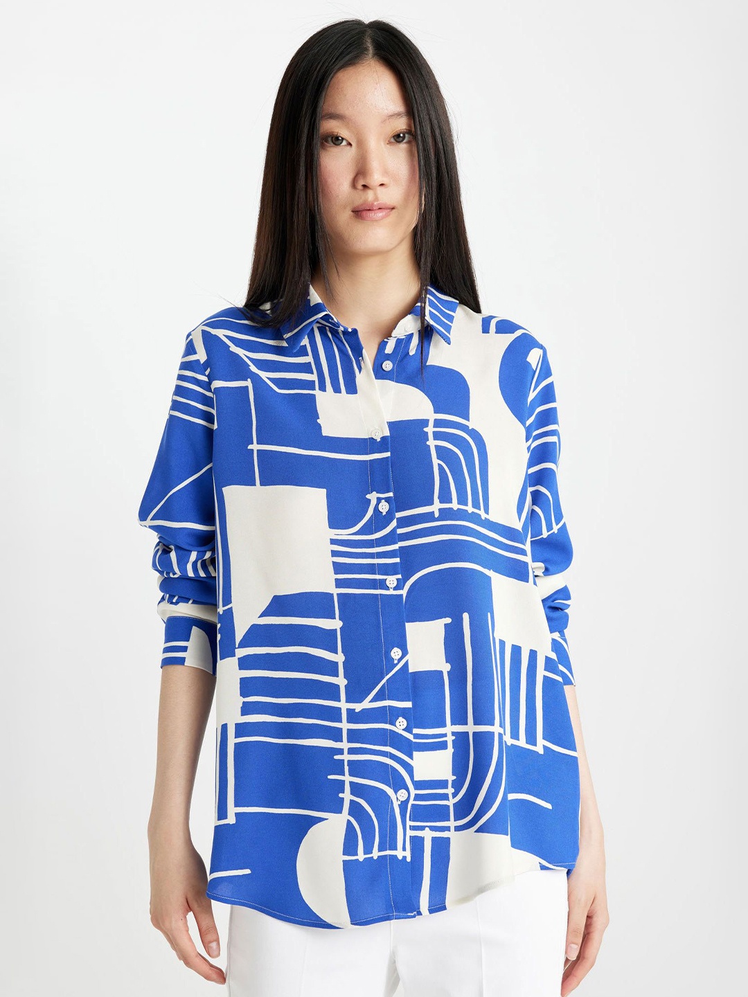 

DeFacto Geometric Printed Spread Collar Casual Shirt, Blue