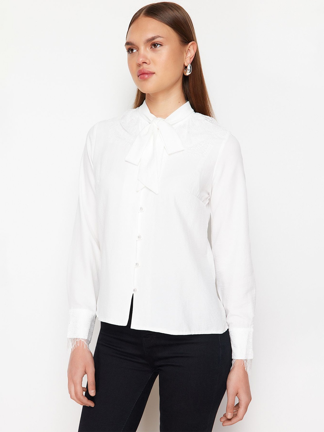 

Trendyol Tie-Up Neck Opaque Casual Shirt, White