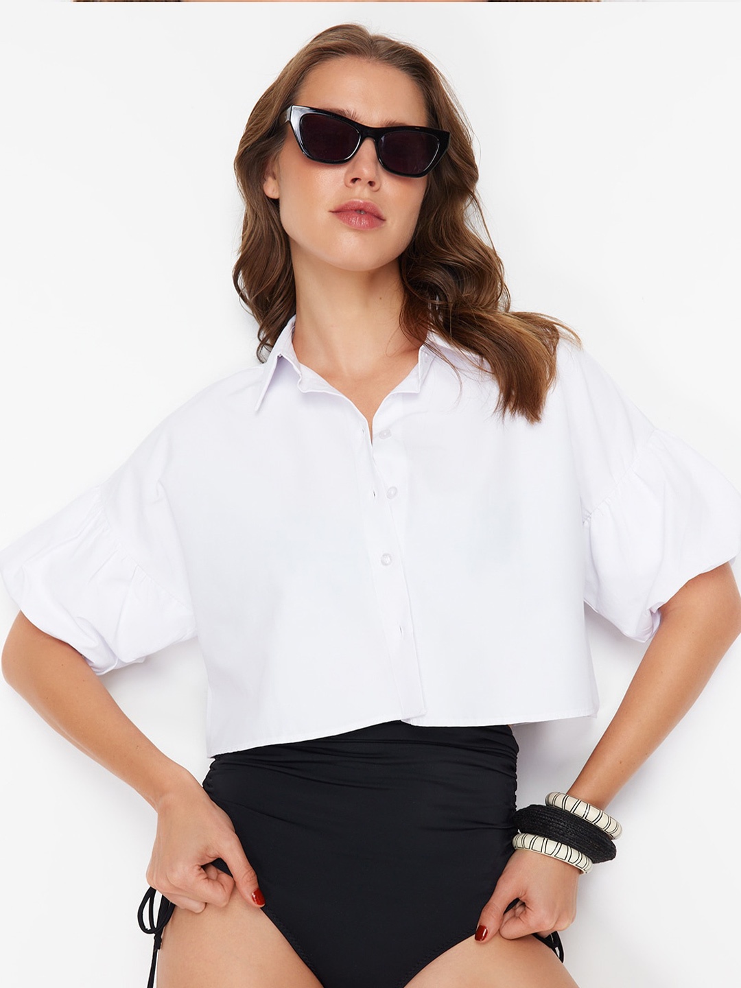 

Trendyol Spread Collar Cotton Crop Casual Shirt, White