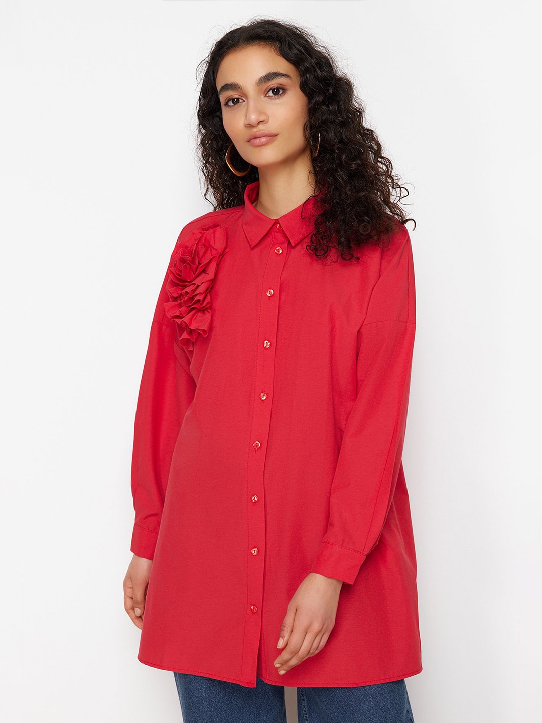 

Trendyol Spread Collar Embellished Longline Cotton Casual Shirt, Red