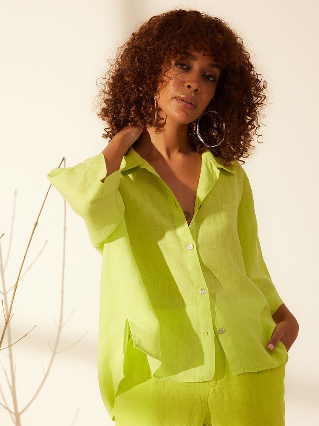 

Trendyol Spread Collar Drop-Shoulder Sleeves Linen Casual Shirt, Yellow