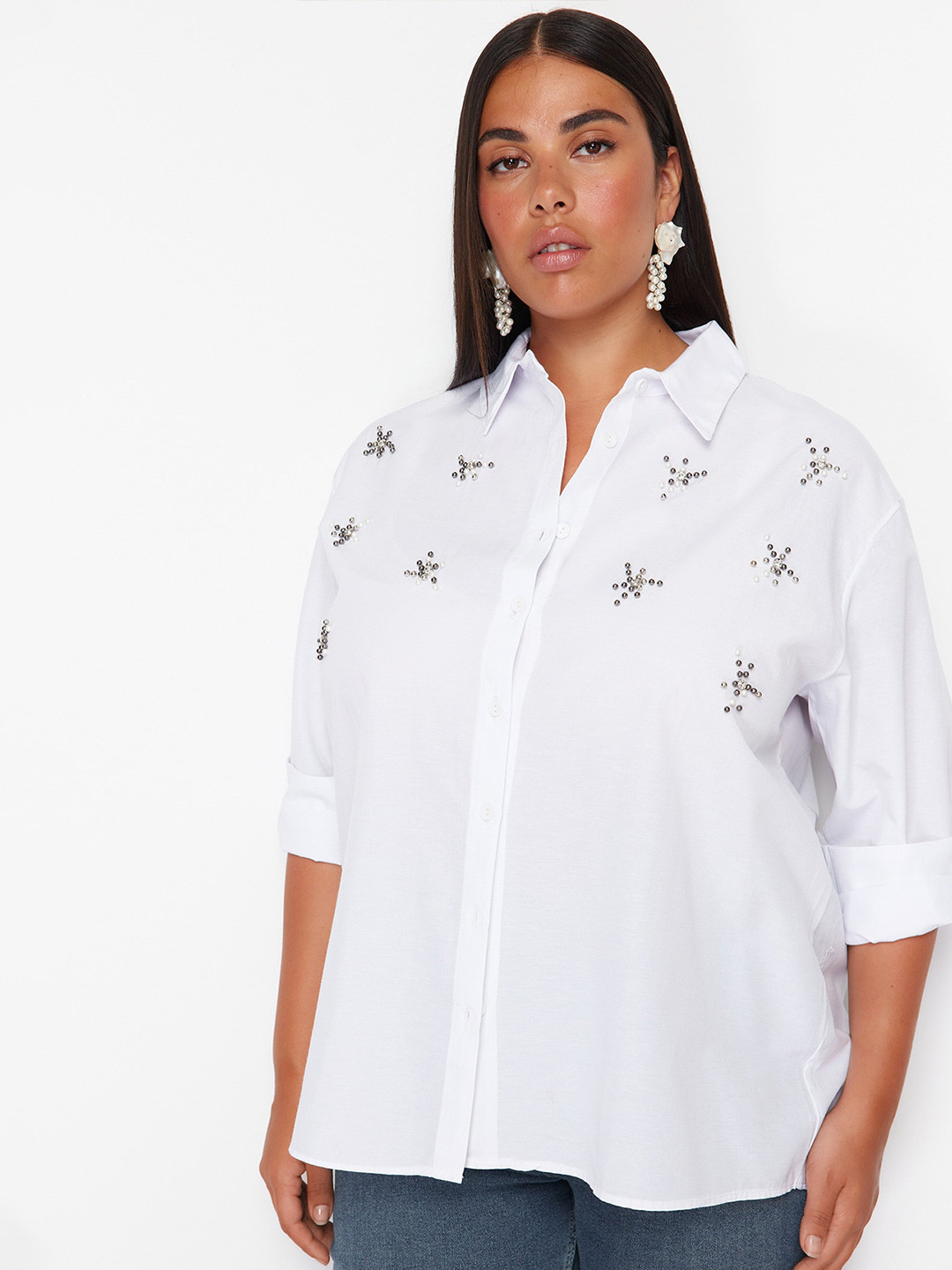 

Trendyol Plus Size Spread Collar Long Sleeves Embellished Casual Shirt, White