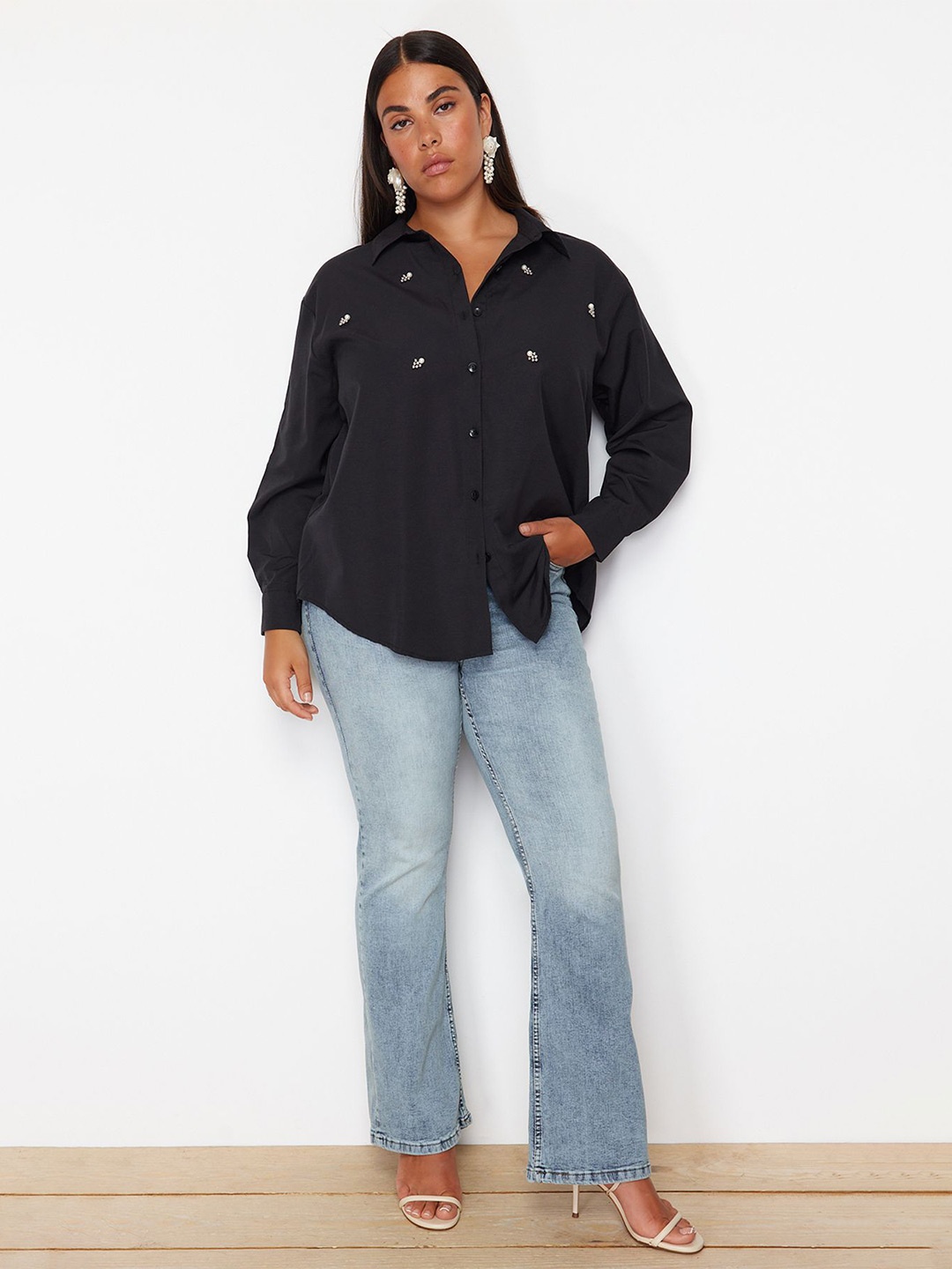 

Trendyol Spread Collar Long Sleeves Embellished Opaque Casual Shirt, Black
