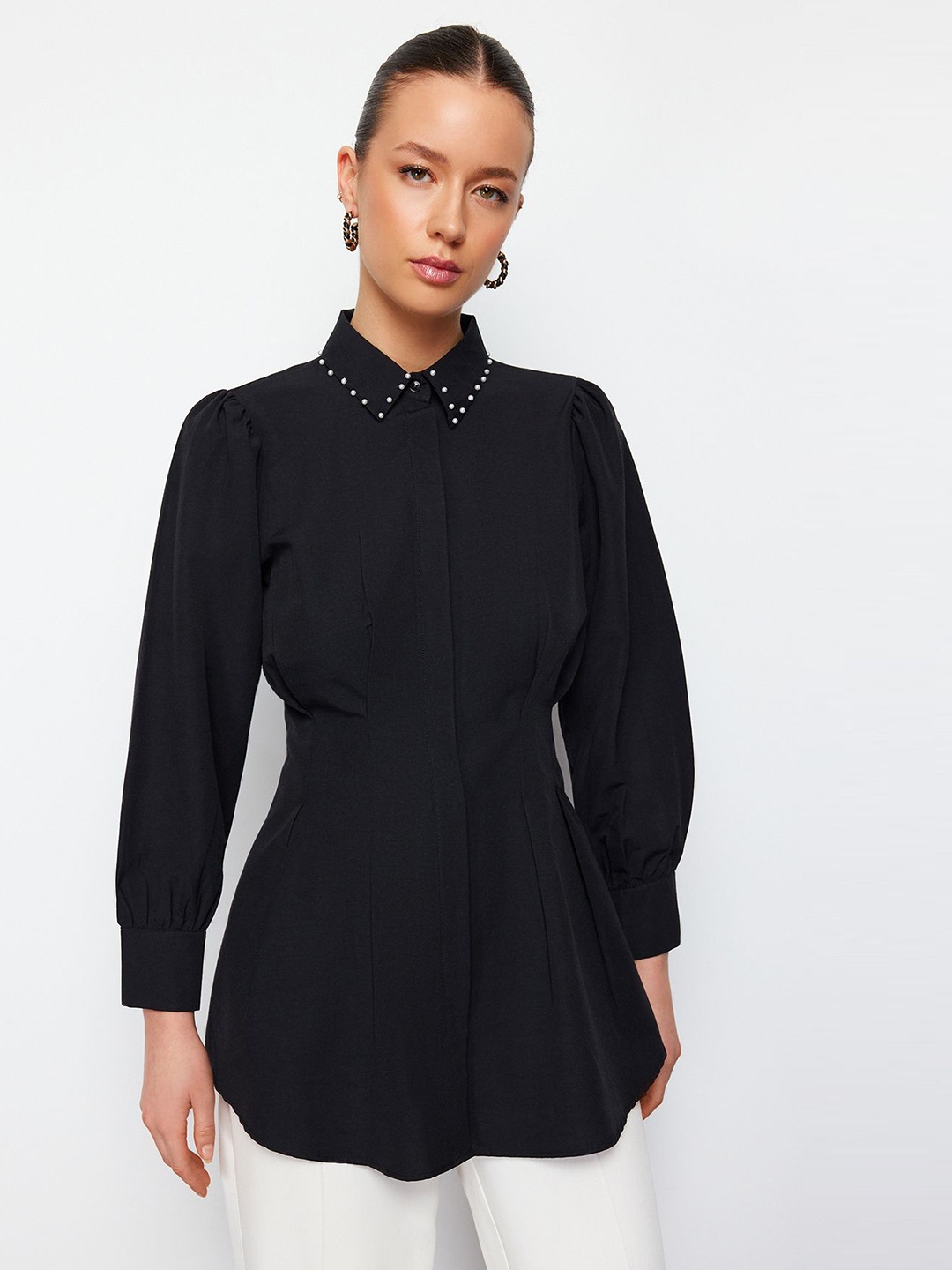

Trendyol Shirt Collar Cuffed Sleeves Casual Tunic, Black