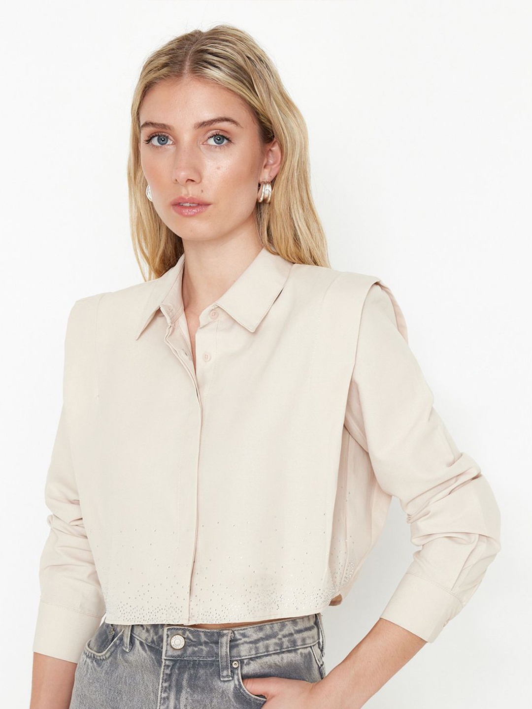 

Trendyol Embellished Opaque Cotton Crop Casual Shirt, Beige