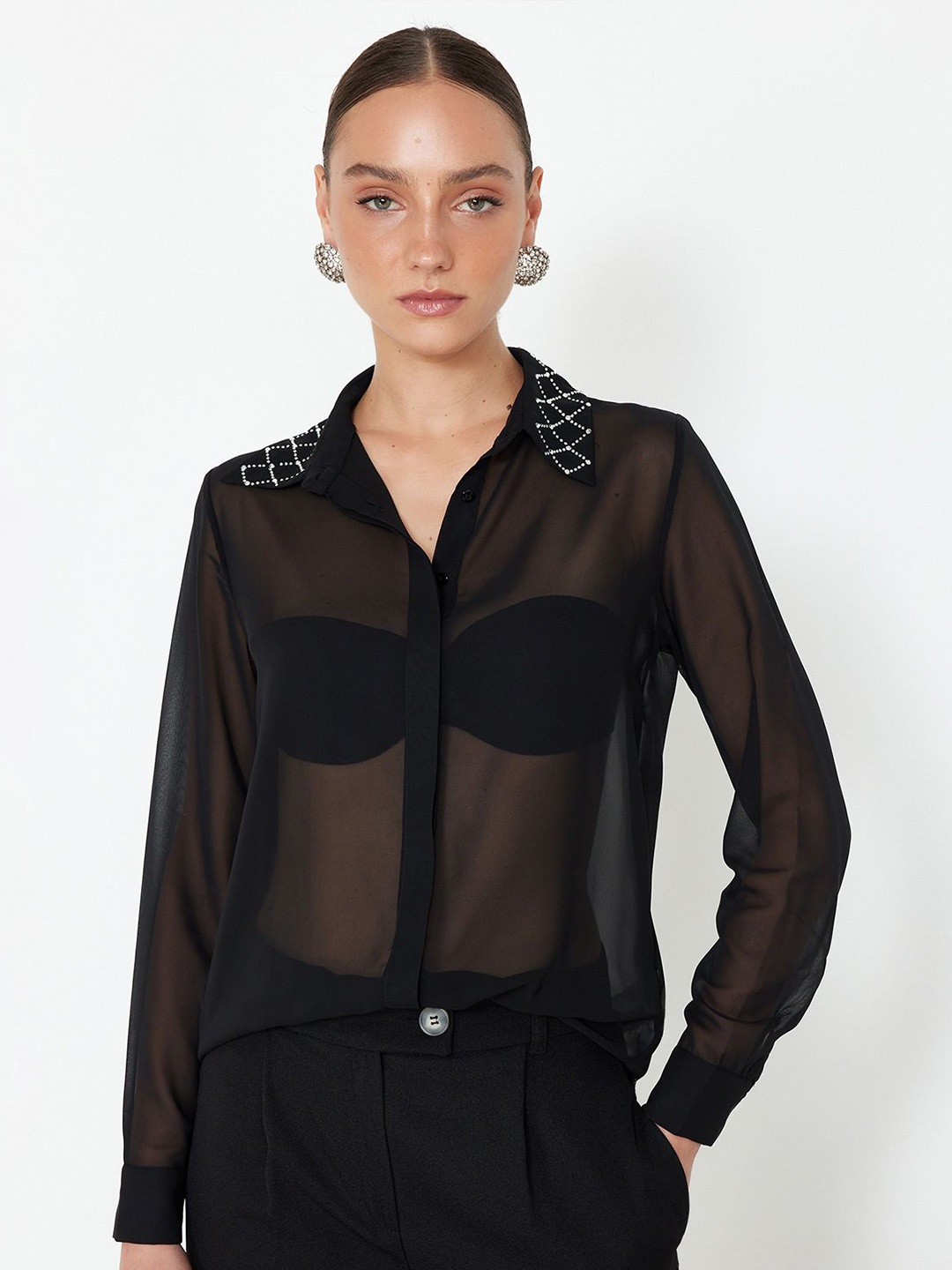 

Trendyol Spread Collar Sheer Casual Shirt, Black