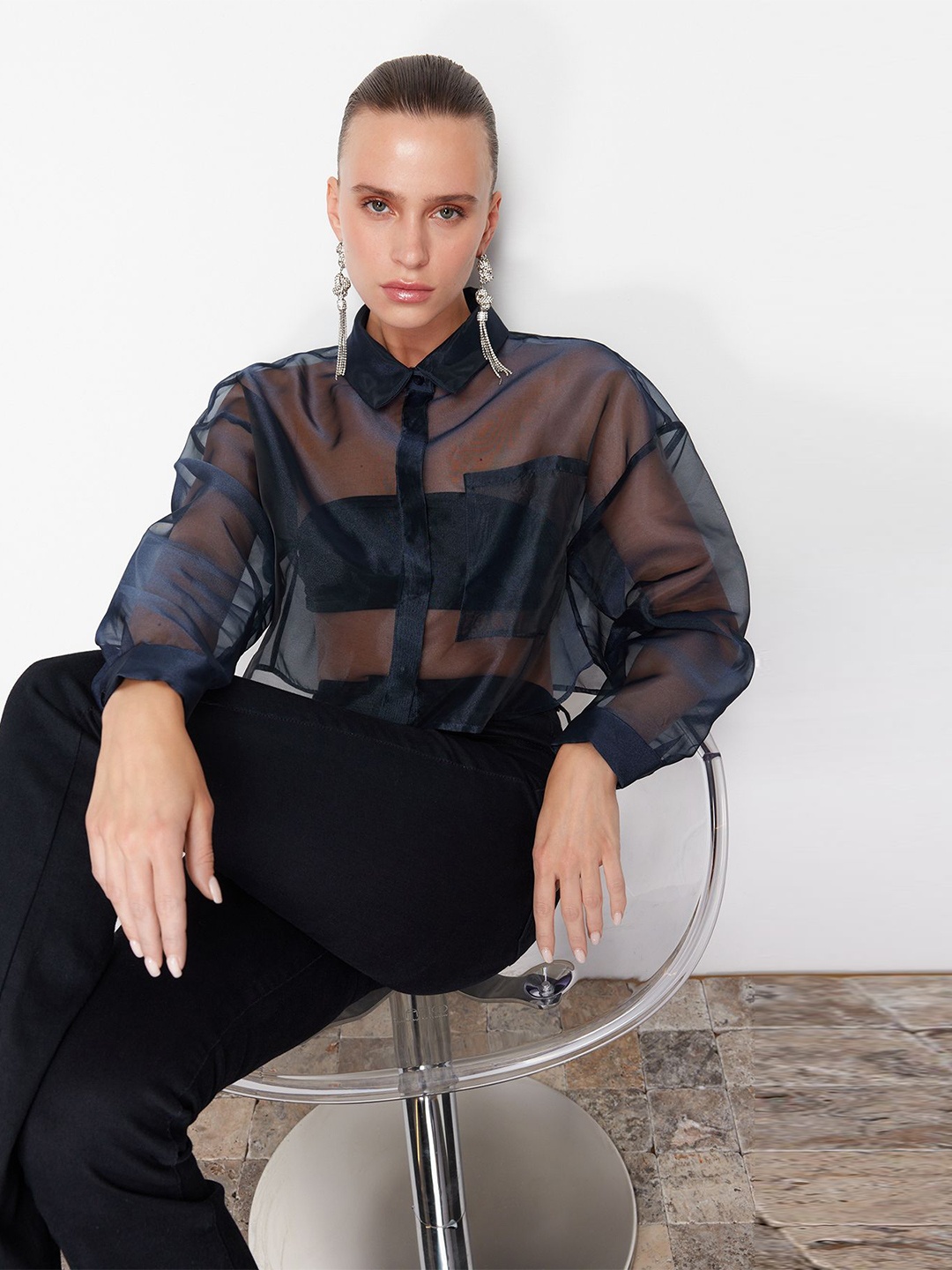 

Trendyol Spread Collar Long Sleeves Sheer Casual Shirt, Black