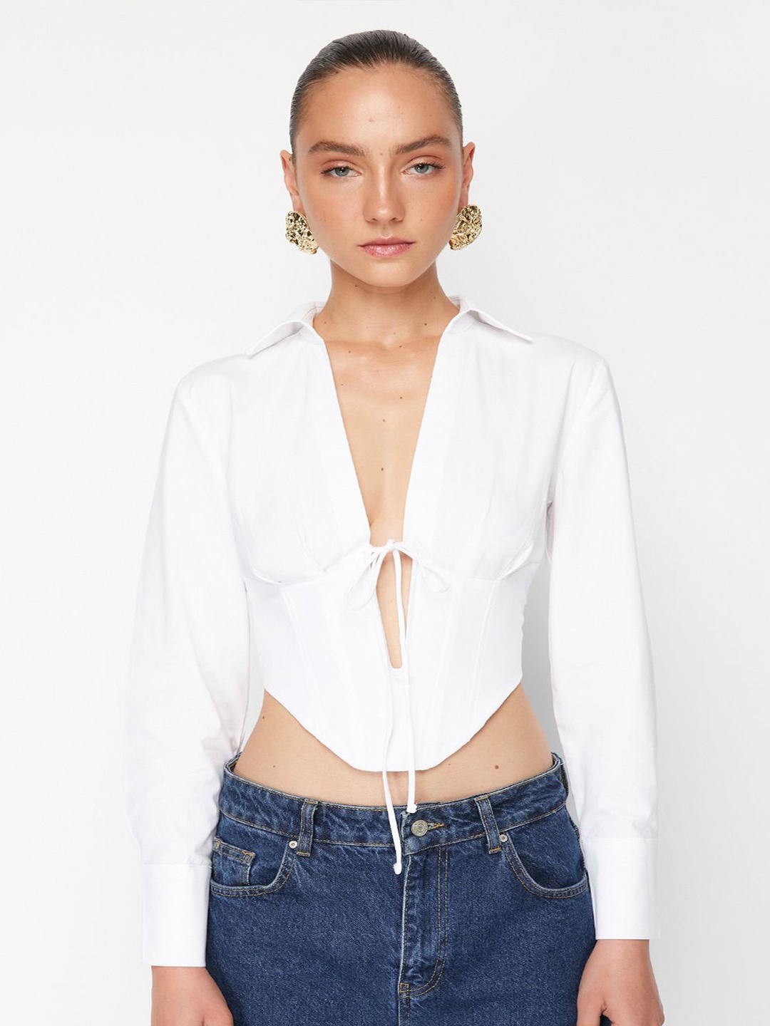 

Trendyol Shirt Collar Cuffed Sleeves Cotton Crop Top, White